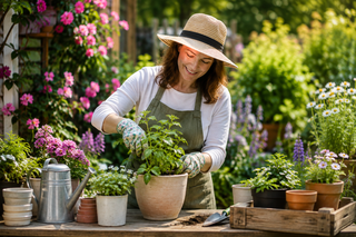 Christian woman tending to plants in a colorful garden surrounded by flowers and gardening supplies