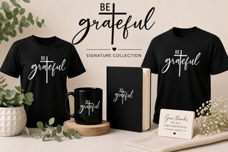 Faithful Grateful Blessed Signature Collection featuring a notebookl, mug, T-shirt, notebook and coordinated Christian gifts.