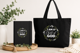Child of God Signature Collection featuring a notebook, tote bag, and faith-inspired Christian gifts celebrating identity in Christ.