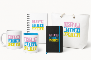 Dream Believe Achieve Signature Collection featuring journals, notebooks, weekender bag and mug with colorful inspirational Christian designs.