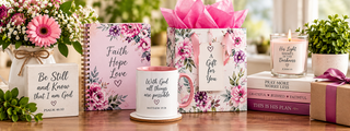 Christian gift ideas featuring a faith journal, inspirational mug, floral gift bag, candle, flowers, and wrapped gift