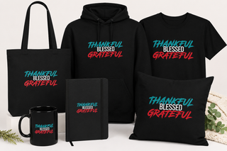 Thankful Blessed Grateful Signature Collection featuring coordinated Christian gifts including a tote bag, hoodie, T-shirt, journal, mug.