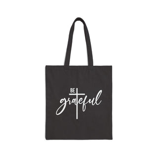 Be Grateful Signature Collection black Christian canvas tote bag with white cross and script lettering