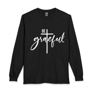 Be Grateful Signature Collection black long sleeve Christian T-shirt with white cross and script design