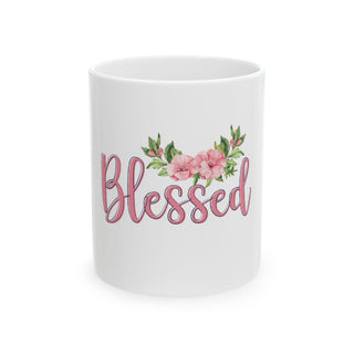 Blessed 11 oz ceramic mug with pink floral design and inspirational Christian script