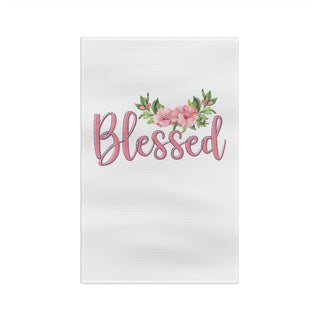 Blessed microfiber tea towel with pink floral design and inspirational Christian script