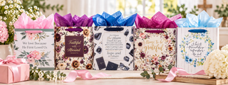 Christian gift bags with faith-inspired designs and colorful tissue paper arranged for special occasions.