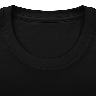 Close-up of a black crew-neck t-shirt showing the ribbed collar and upper chest area against a white background.