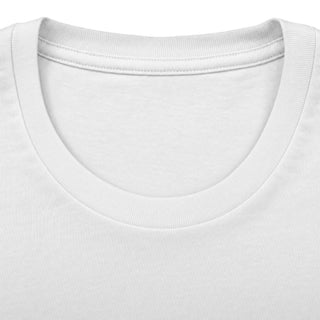 Close-up of a white crew-neck t-shirt showing the ribbed collar and inner neck lining.