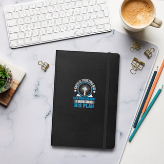 Faith Is Trusting God Notebook Black Front Cover with image of coffee pencils, paperclips on desk.