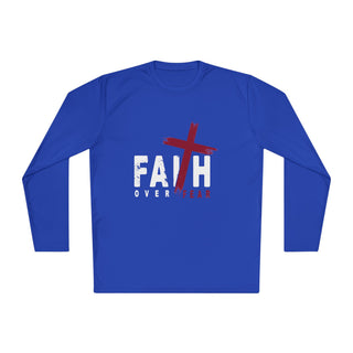   Faith Over Fear Christian Long-sleeve T-shirt with blue, white, and red design