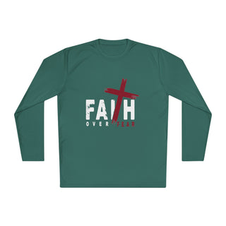 Faith Over Fear Christian Long-sleeve T-shirt with green, white, and red design