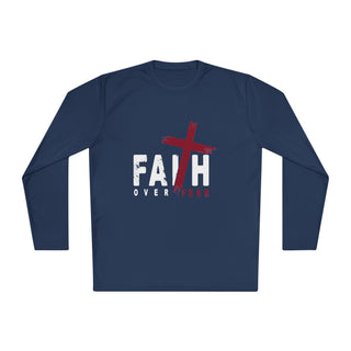  Faith Over Fear Christian Long-sleeve T-shirt with navy, white, and red design
