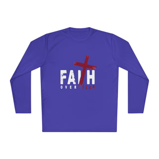  Faith Over Fear Christian Long-sleeve T-shirt with purple, white, and red design