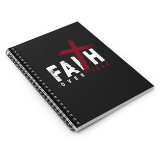  Faith Over Fear Christian spiral notebook with inspirational faith design showing book laying flat
