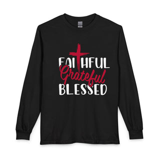 Faithful Grateful Blessed Signature Collection black long sleeve Christian T-shirt with red cross design






