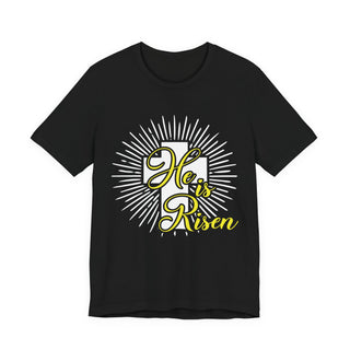 He Is Risen Signature Collection black Christian T-shirt with white and yellow radiant resurrection design