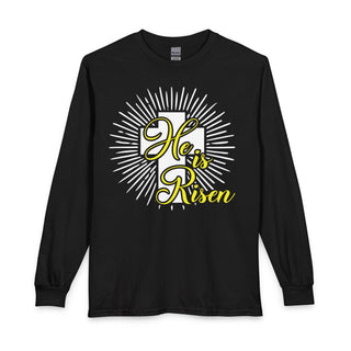 He Is Risen Signature Collection black long sleeve Christian T-shirt with white and yellow radiant resurrection design