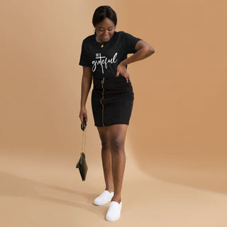 Image of Lady wearing Unisex Be Grateful Christian T-Shirt Black Heather  Front