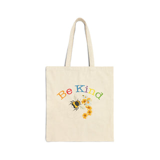 Natural canvas Be Kind Signature Collection tote bag with colorful lettering, bumblebee and yellow floral design