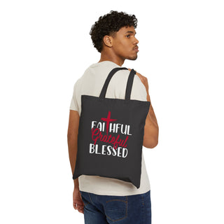 Person wearing a black tote bag with colorful text 'TEACH! LAUGH, REPEAT' on a white background