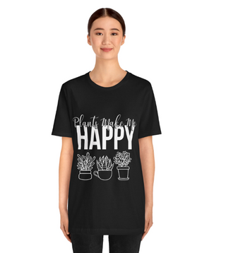 Plants Make Me Happy Unisex T-Shirt showing  a lady wearing shirt.