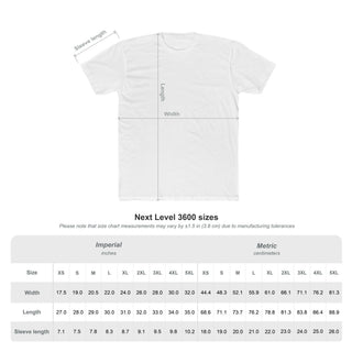 White t-shirt with measurement lines and a size chart for Next Level 3600 shirts.

Details