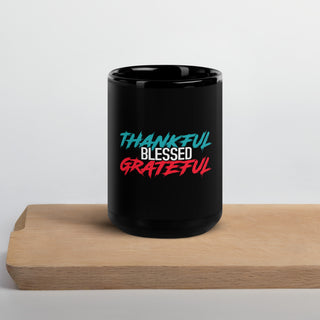 Thankful Blessed Grateful Black Glossy  Mug 15 oz