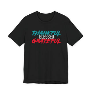 Thankful Blessed Grateful Signature Collection black Christian T-shirt with teal white and red inspirational lettering