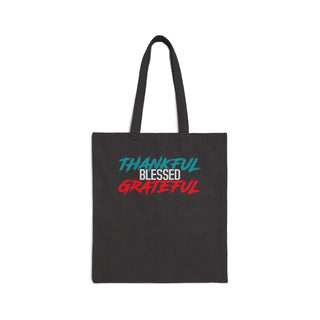 Thankful Blessed Grateful Signature Collection black canvas tote bag with teal white and red inspirational lettering