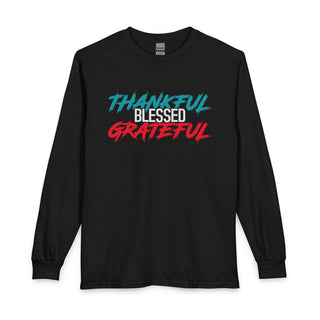 Thankful Blessed Grateful Signature Collection black long sleeve T-shirt with teal white and red inspirational lettering