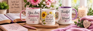 Three Christian inspirational mugs with faith, gratitude, and encouragement messages displayed beside a Bible and pink flowers.