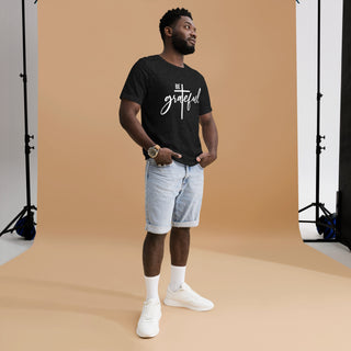 Image of Man wearing Unisex Be Grateful Christian T-Shirt Black  Front
