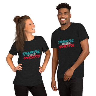 Unisex Staple Thankful Blessed Gratefull T-Shirt Black Heather Front wth image of a man and lady wearing the tshirt.