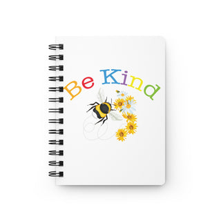 White Be Kind Signature Collection spiral journal with colorful lettering, bumblebee and yellow floral design