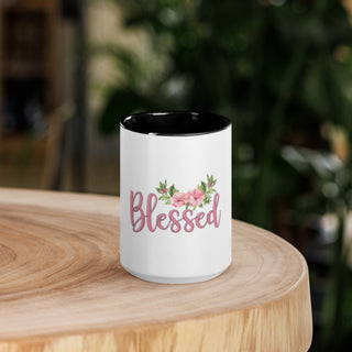 White Blessed Accent Coffee Mug with Black Color inside of Mug 15 oz