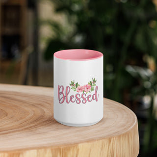 White Blessed Accent Coffee Mug with Pink Color inside of Mug 15oz