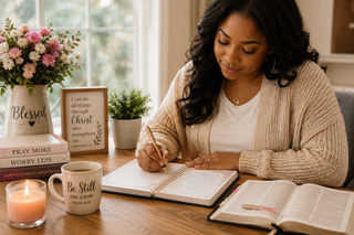 Woman writing in a Christian prayer journal at a wooden table beside a Bible and faith-inspired decor