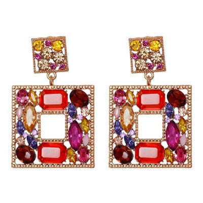 Multicolor Red Square Earrings